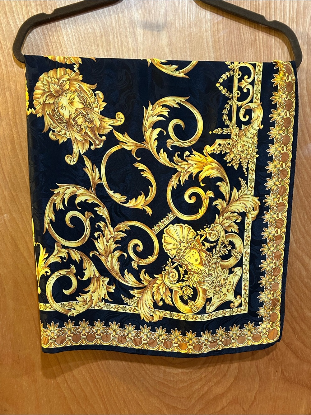 Vintage Italian Silk Scarf Black Gold Baroque Scroll Print Square 33x33 - Picture 7 of 9